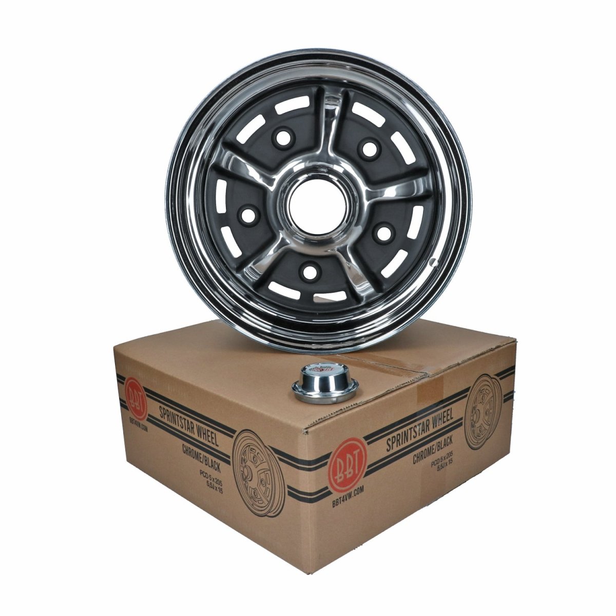 BBT Sprintstar, 4,5 x 15", ET +34 chroom/zwart, 5-gaats (5x205) velg