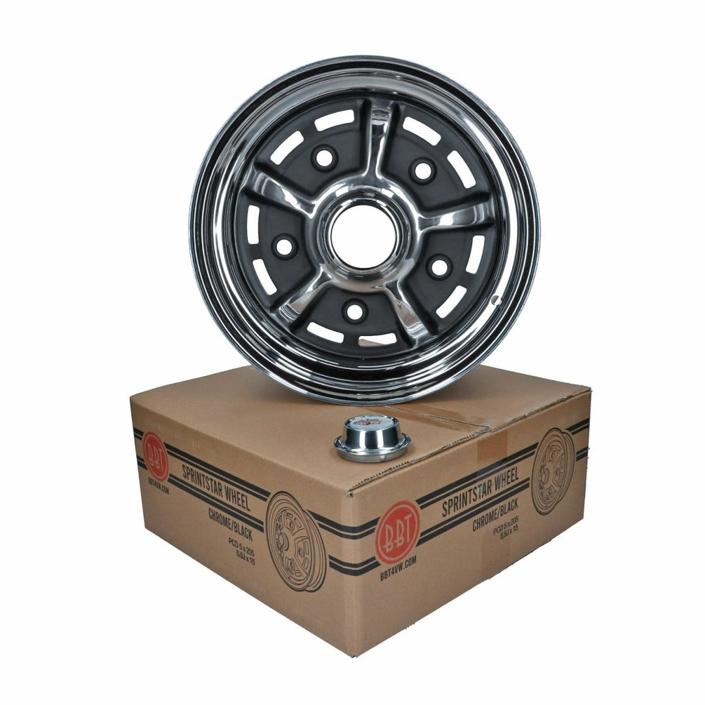BBT Sprintstar 5,5 x 15", ET +10 chroom/zwart, 5-gaats (5x205) velg
