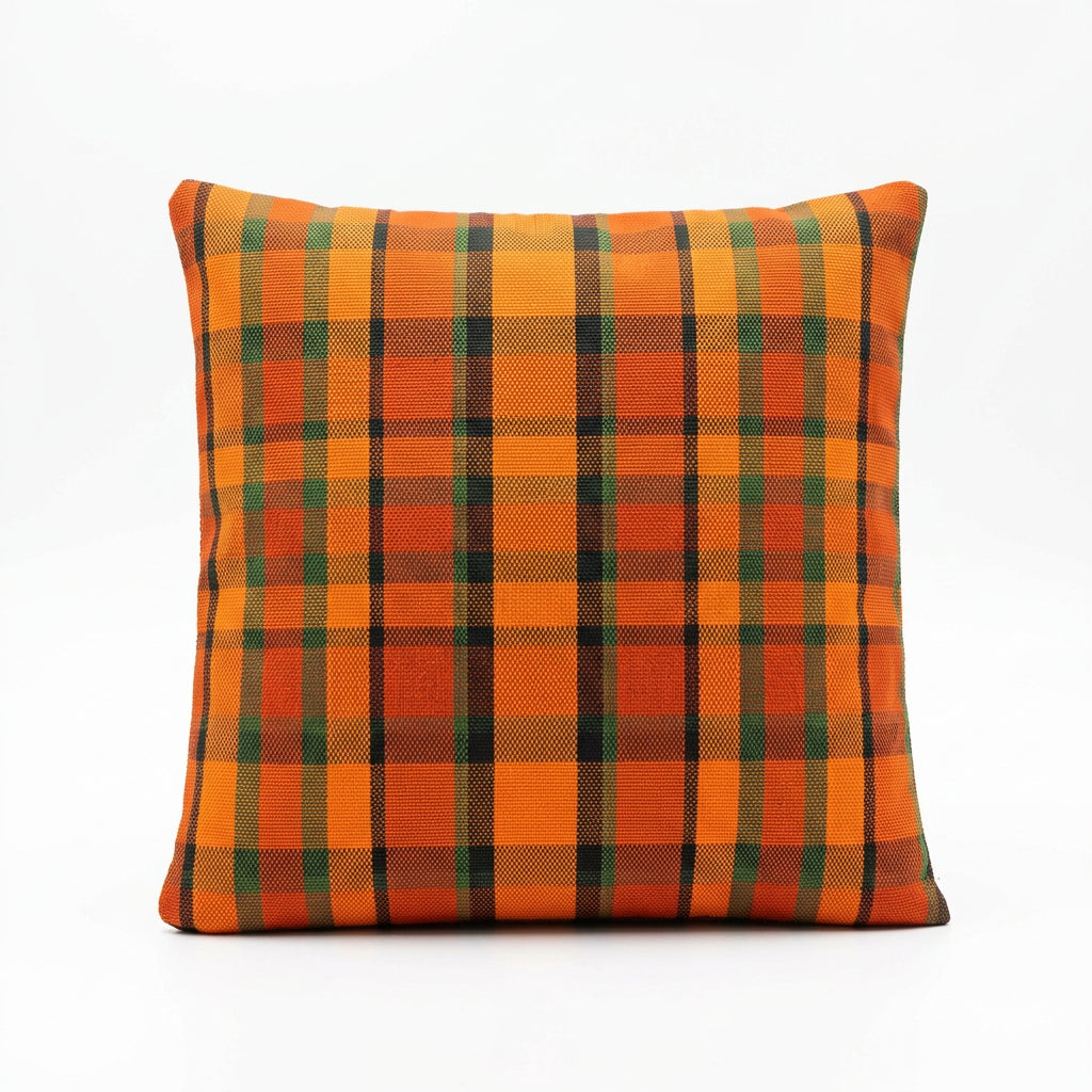 Westfalia kussen geruit oranje/geel/groen 40 x 40cm originele Westfalia stof – VW T2 Bus Westfalia – detail 3